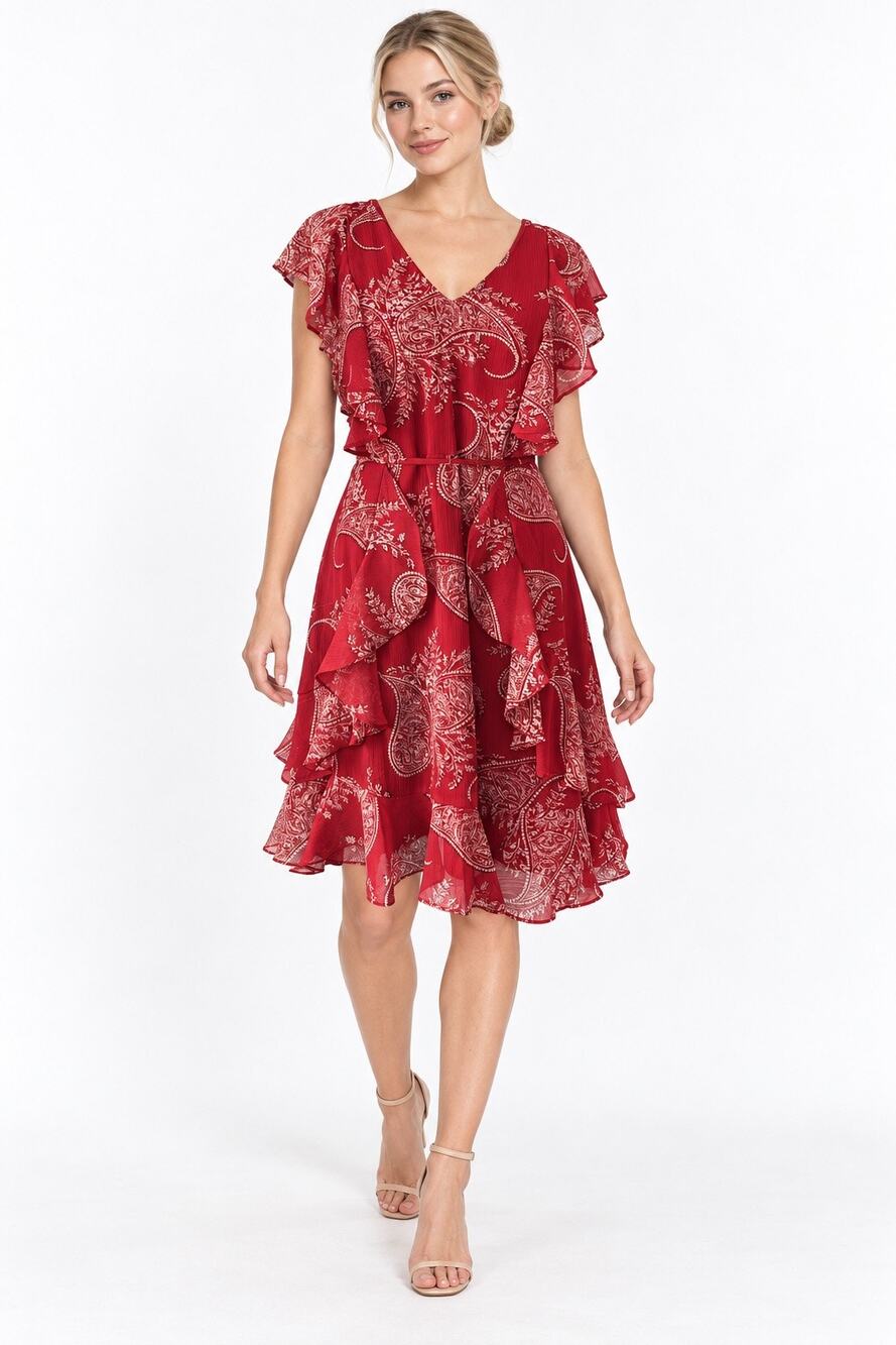 Tommy Hilfiger Red & White Paisley Print Short Sleeve Adjustable Tie Belt Dress